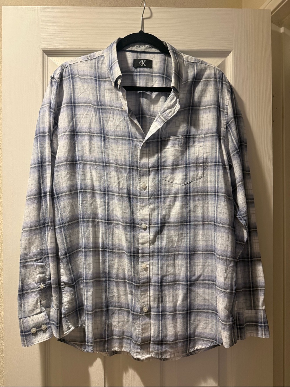 Calvin Klein White and Light Blue Plaid Button-Down Shirt